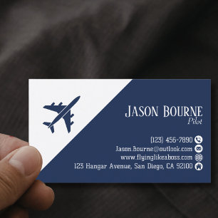 Carte De Visite QR Code Professionnel Aviation Bleu Nuit Blanc