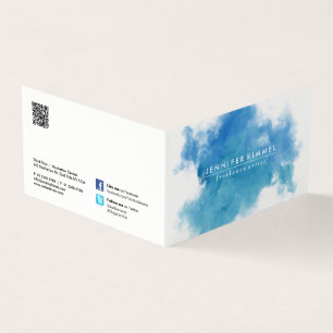 Carte De Visite QR Code Social Media Blue Aquarelle