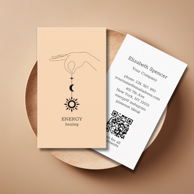 Carte de visite QR-Code Soleil Lune Pêche (Peach Hand Sun Moon Illustration QR Code Business Card. Modern Whimsical. )