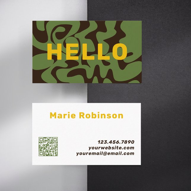 Carte De Visite QR Code Super Gold Brown Armée Green Squiggles (Créateur téléchargé)