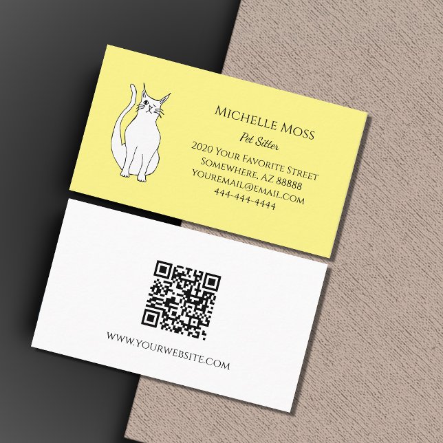 Carte De Visite QR, code Yellow Pet Sitter Cute Cat (Créateur téléchargé)