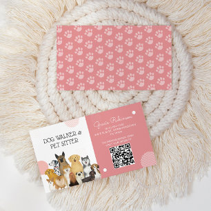 Carte De Visite QR Modern Dog Walker Animal Sitter Aquarelle rose