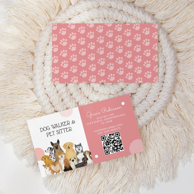 Carte De Visite QR Modern Dog Walker Animal Sitter Aquarelle rose (Créateur téléchargé)