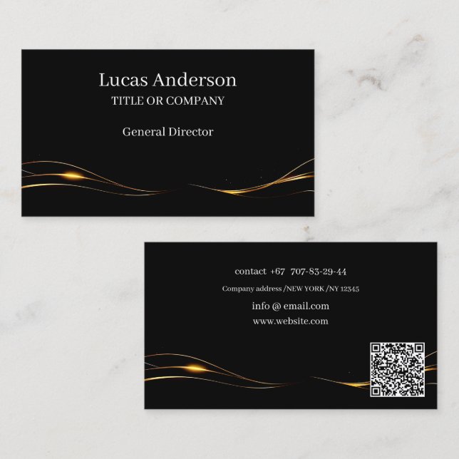 Carte de visite QR modifiable en or noir personnal (Devant / Derrière)