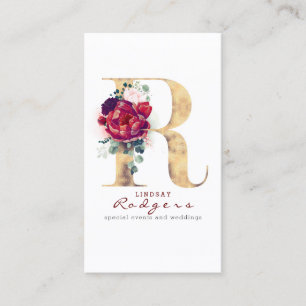 Carte De Visite R Monogramme Bourgogne Fleurs rouges et Parties sc