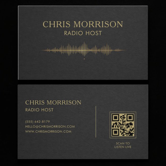 Carte De Visite Radio Host Black Gold QR Code (Créateur téléchargé)