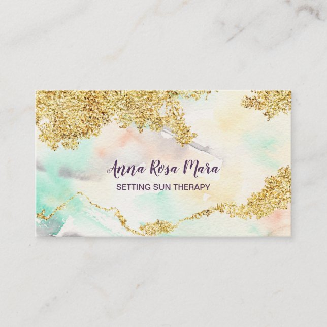 Carte De Visite *~* Rainbow Pastel Aquarelle Wash Gold Parties sci (Devant)