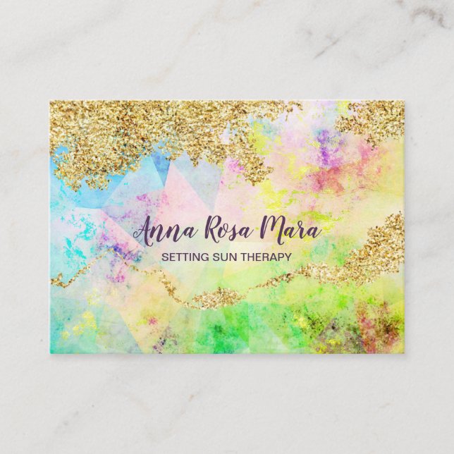 Carte De Visite *~* Rainbow Pastel Aquarelles + Gold Parties scint (Devant)
