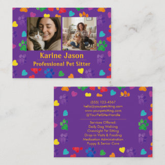 Carte De Visite Rainbow Paw Prints  Hearts Customizable Pet Sitter