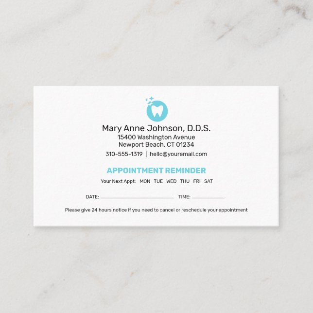Carte De Visite Rappel de nomination d'un dentiste | Bureau dentai (Devant)