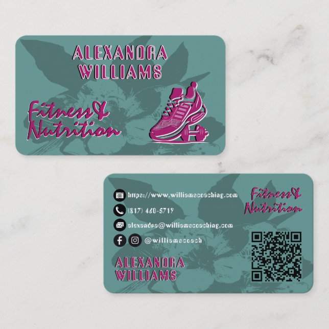 Carte De Visite Raspberry Turquoise Flourished Fitness & Nutrition (Devant / Derrière)