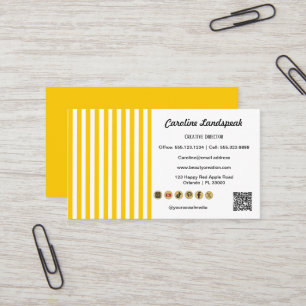Carte De Visite Rayures Jaunes et Blanches, QR Code & Icônes Résea