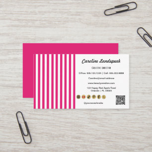 Carte De Visite Rayures roses et blanches, code QR et icône de méd