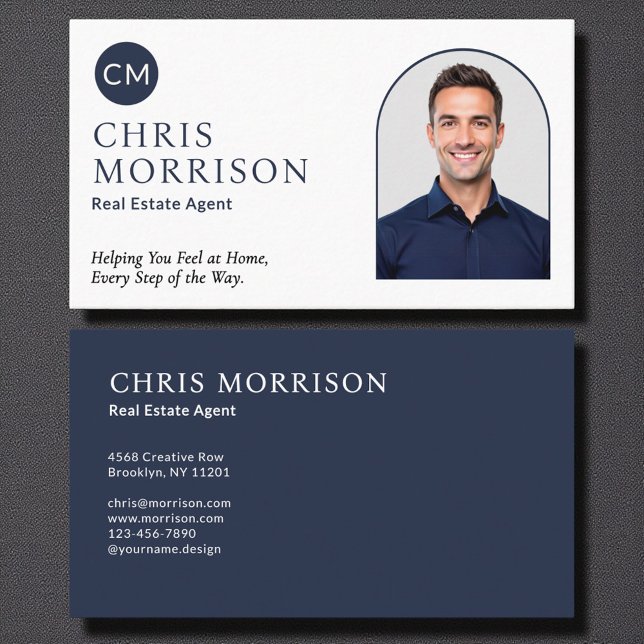 Carte De Visite Real Estate Agent Navy Blue Professional Photo  (Créateur téléchargé)