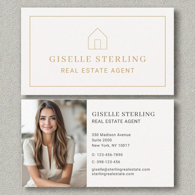 Carte De Visite Real Estate Agent Neutral Gold House Photo (Créateur téléchargé)