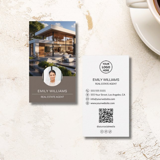 Carte De Visite Real Estate Broker Custom Logo Photo QR Code (Real Estate Broker Custom Logo Photo QR Code Business Card)
