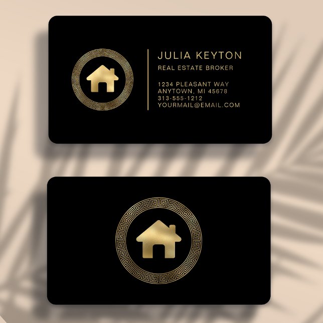Carte De Visite Real Estate House Logo Black Gold Rounded (Créateur téléchargé)