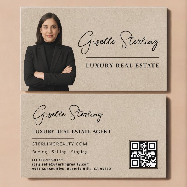 Carte De Visite Real Estate QR Code Photo Beige Suede (Créateur téléchargé)