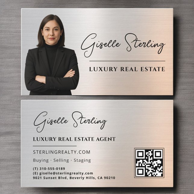 Carte De Visite Real Estate QR Code Photo Platinum Metallic  (Créateur téléchargé)