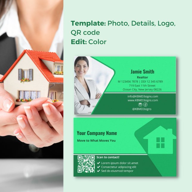 Carte De Visite Réalisateur de conception de symbole de maison pro (Professional House Symbol Design Realtor Business Card, Profile Photo, Service List,QR code, Tagline)