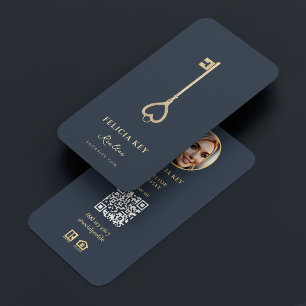Carte De Visite Realtor moderne EHO Photo Blue Gold Key