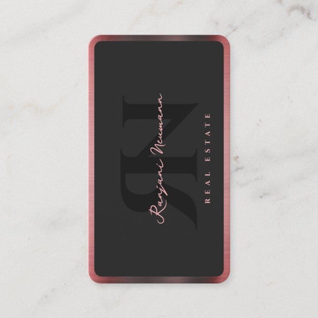 Carte De Visite Realtor moderne Elegant Black Rose Gold Bordure (Devant)