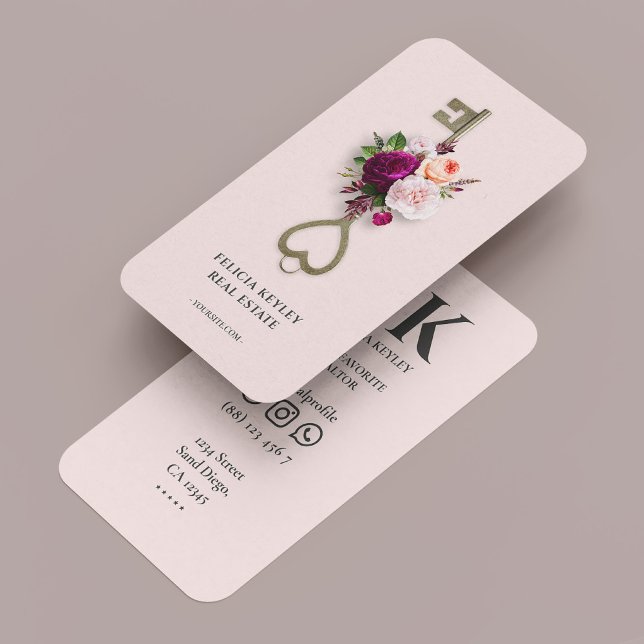 Carte De Visite Realtor moderne Floral Courtier hypothécaire clé r (Modern Realtor Floral Monogram Real Estate Agent B Business Card
)