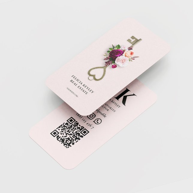 Carte De Visite Realtor moderne Floral Monogramme Agent immobilier (Realtor Floral Gold Key Real Estate Agent Broker Mortgage Professional Monogram Pink business card)