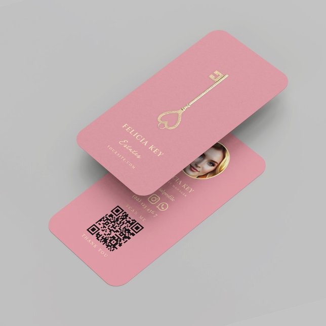 Carte De Visite Realtor Moderne Immobilier Agent Photo QR Code (Modern Realtor Real Estate Agent Photo QR Code Pink Business Card
)