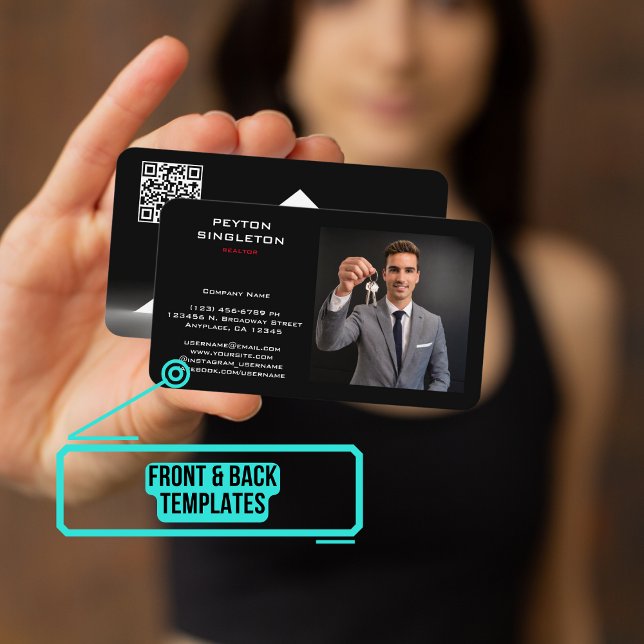 Carte De Visite Réaltor noir Silhouette Home avec URL QR Code (Please enjoy our business card)