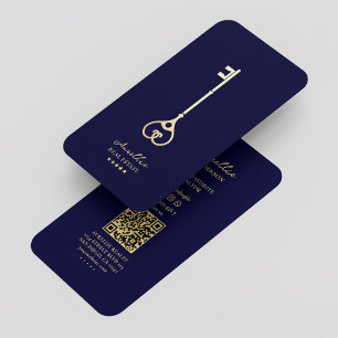 Carte De Visite Realtor Royal Blue Gold Key Elegant Broker