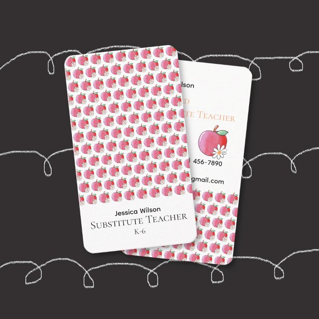 Carte De Visite Red Apple Daisy Pattern Sub Vertical Business Card (Red apple and white flower pattern substitute teacher vertical business card .)