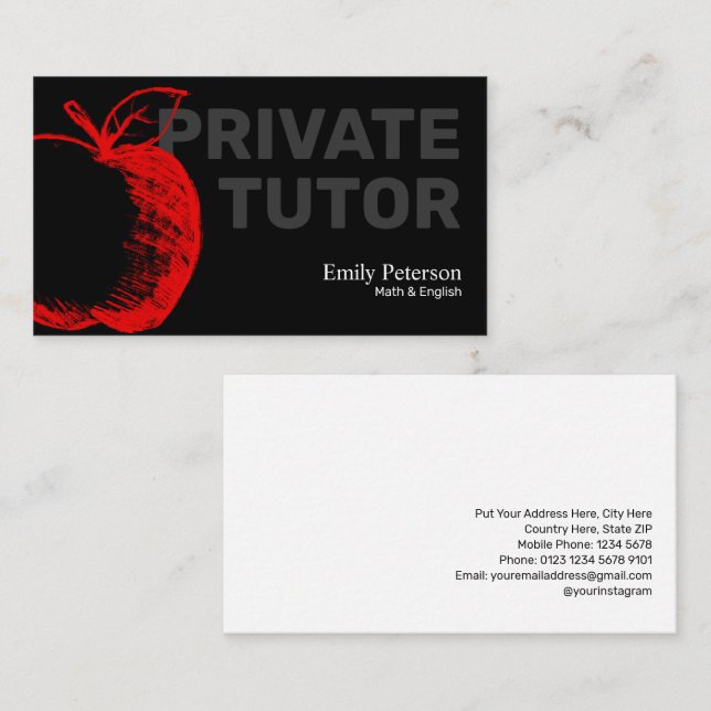 Carte De Visite Red Apple Sketch Private Tutor Modern Black (Devant / Derrière)