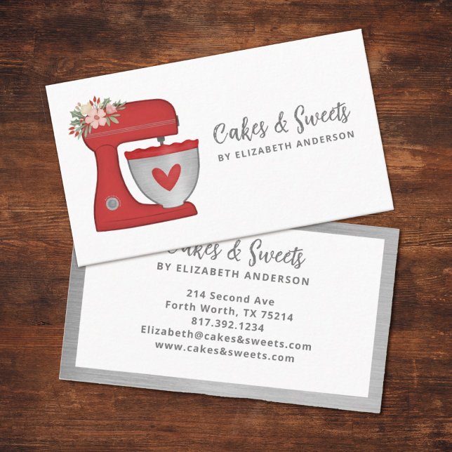 Carte De Visite Red Floral Cake Mixer Bakery Business Card (A cute red floral mixer business card. Personalize it with your name and business info.)