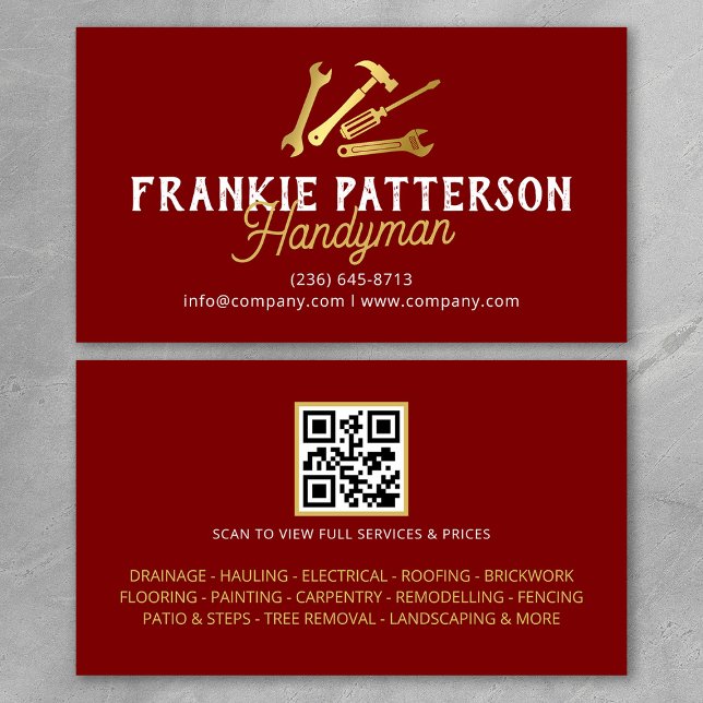 Carte De Visite Red Gold Handyman Repair & Maintenance QR Code (Créateur téléchargé)