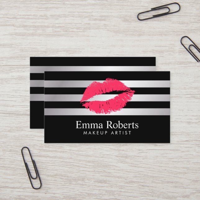 Carte De Visite Red Lips Moderne Argent Stripes Artiste maquillage (Devant/Arrière en situation)