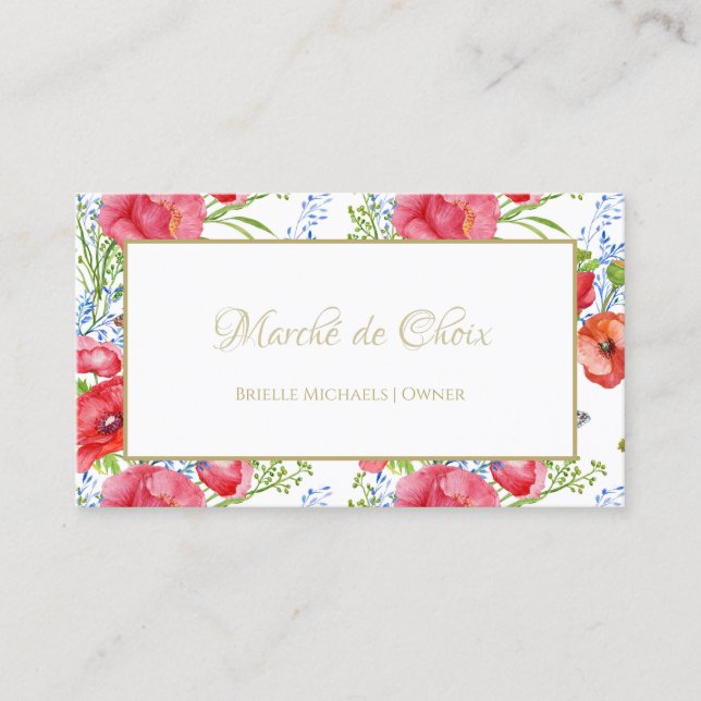 Carte De Visite Red Poppy Floral Gold Script Beauté Boutique (Devant)