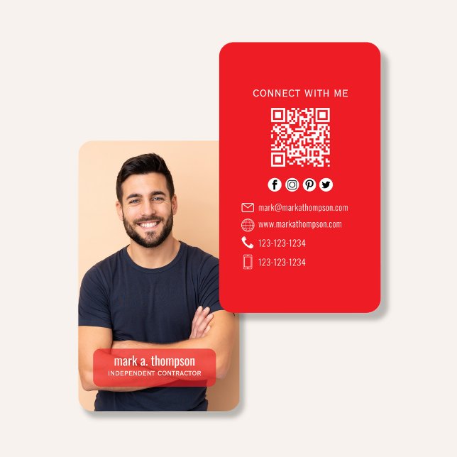 Carte De Visite Red QR Code Photo Connect Modern Minimal (Modern photo business card with QR code in bright red minimalist design)