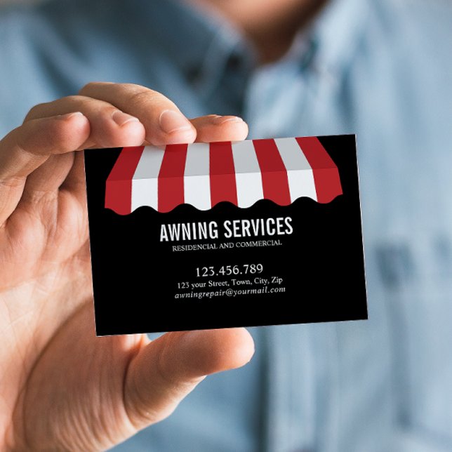 Carte De Visite Red White Awning Services Cleaning Professionnel (Red and White Eye-Catching Networking Card for Awning Business Services Listed on Back)