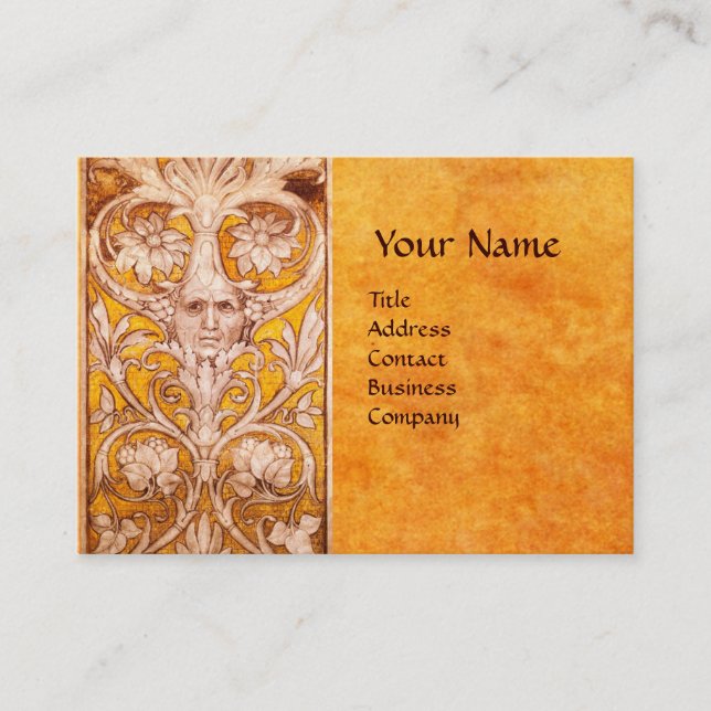 CARTE DE VISITE RENAISSANCE GROTESQUE FACE, PARCHEMENT FLORAL OR (Devant)
