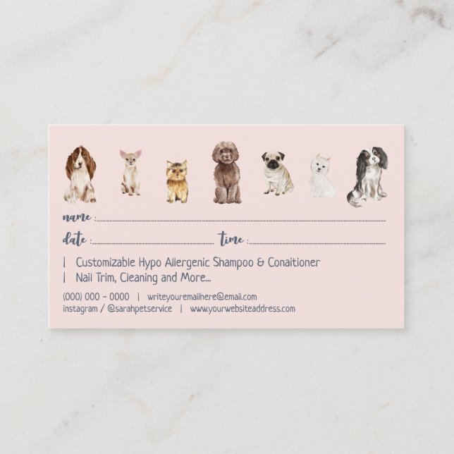 Carte De Visite Rendez-vous à Grooming pour chien Rose Marine (Dos)