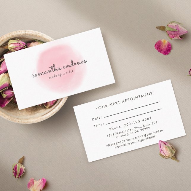 Carte De Visite Rendez-vous d'artiste maquillage en poudre rose (A feminine appointment reminder card for your clients.)