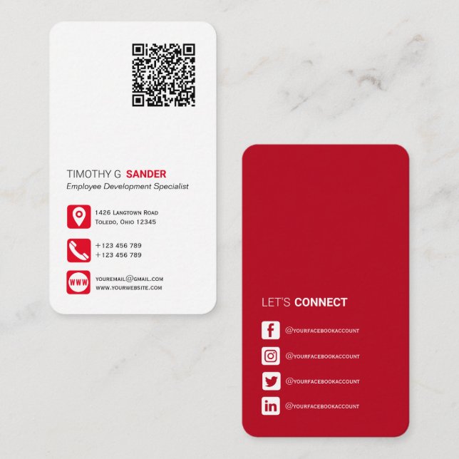 Carte De Visite Réseau Code QR professionnel médias sociaux rouge  (Devant / Derrière)