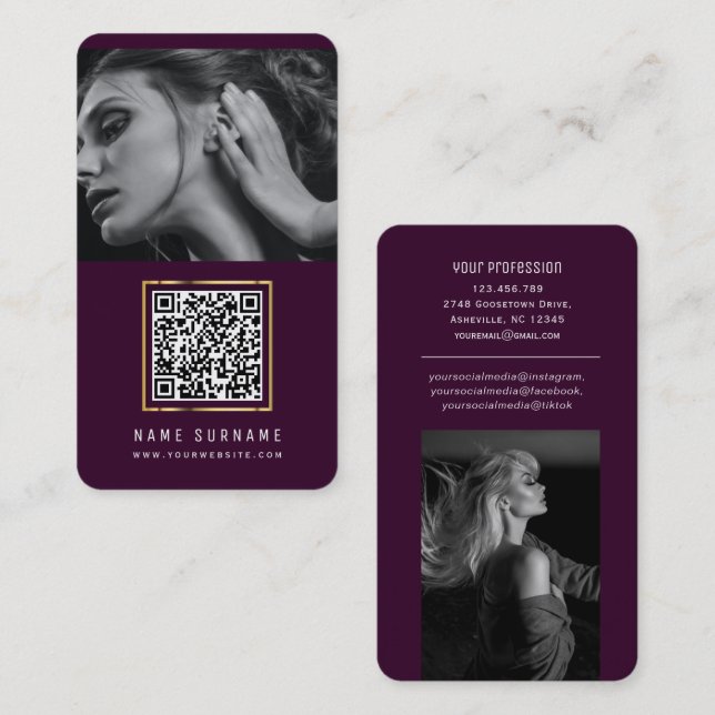 Carte De Visite réseau social violet médias sociaux QR code photos (Devant / Derrière)
