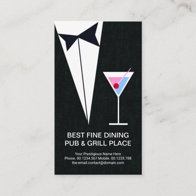 Carte De Visite Restaurant élégant Noir Tuxedo Martini Pub (Devant)