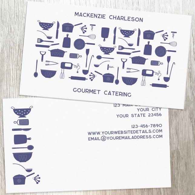 Carte De Visite Restauration (Blue and white retro kitchen utensil catering, bakery, cafe, restaurant, cook ro chef business card)