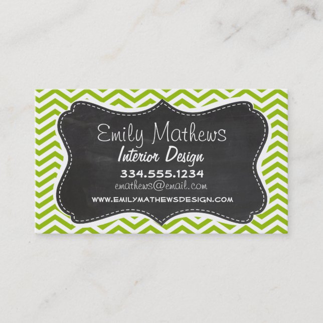 Carte De Visite Retro Apple Green Chevron Stripes; Chalkboard look (Devant)