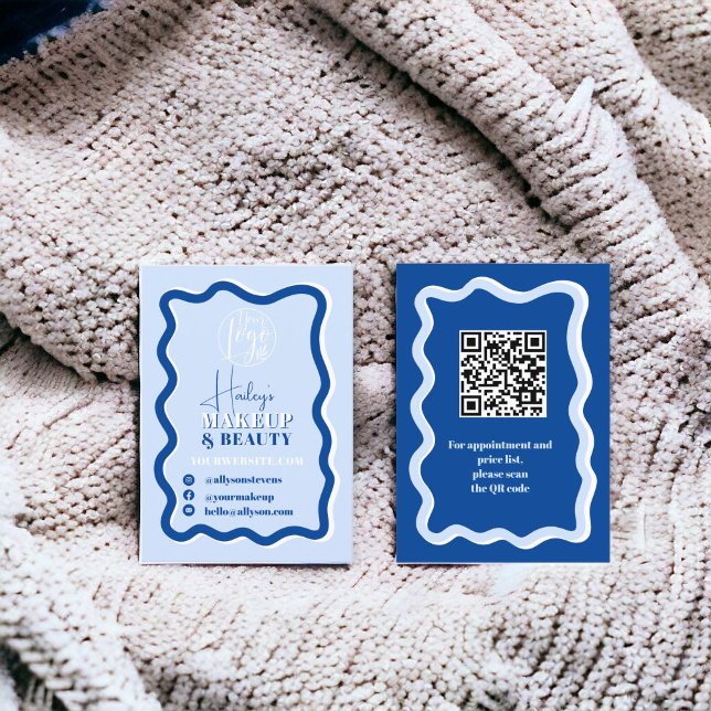 Carte De Visite Retro bleu courbe squiggle ondulé beauté maquillag (Retro blue curve squiggle wavy makeup beauty business card)