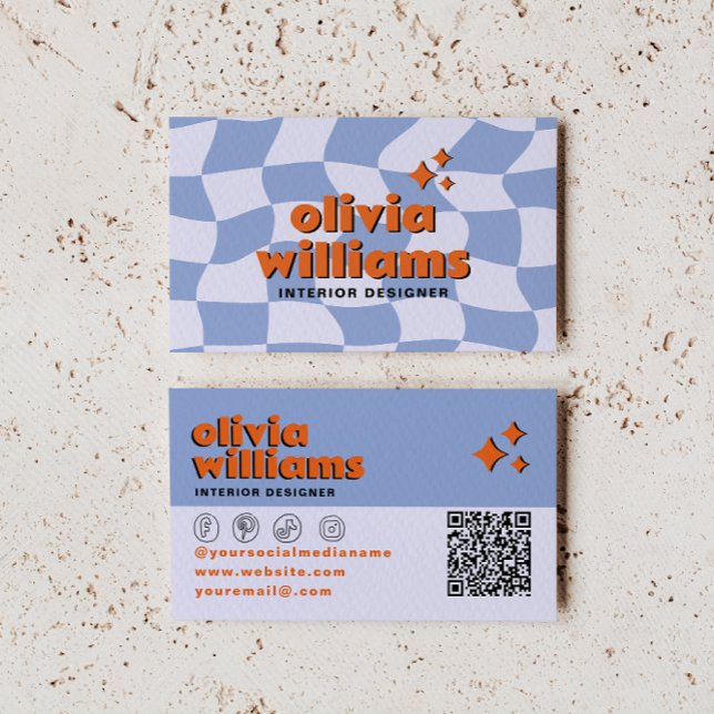Carte De Visite Retro Blue Orange QR Code Groovy Checkered Unique  (Créateur téléchargé)