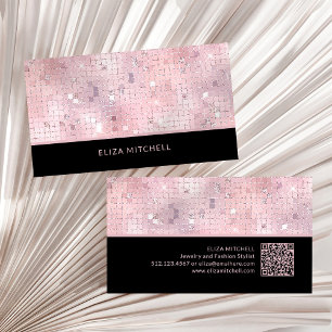 Carte De Visite Retro Blush Pink Disco Ball Mirror Code QR